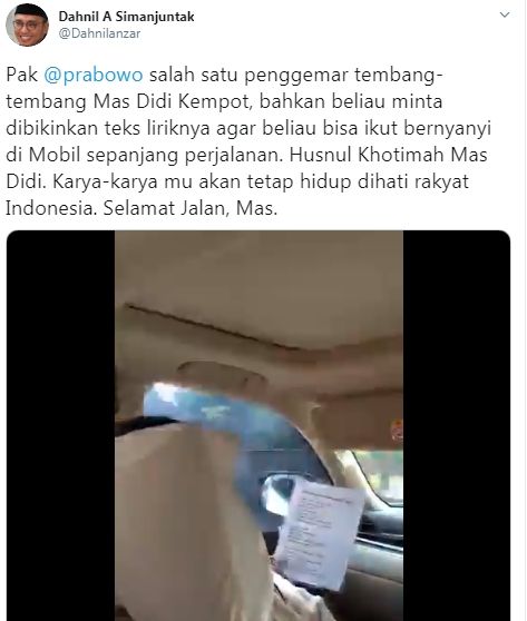 Diam-diam Prabowo sering nyanyi lagu Didi Kempot (Twitter/dahnilanzar)