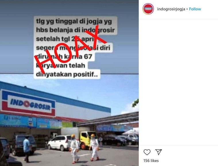 Klarifikasi soal kabar hoax 67 karyawan indogrosir jogja positif covid-19 juga diberikan oleh akun resmi Indogrosir Jogja. [Indogrosirjogja / Instagram]