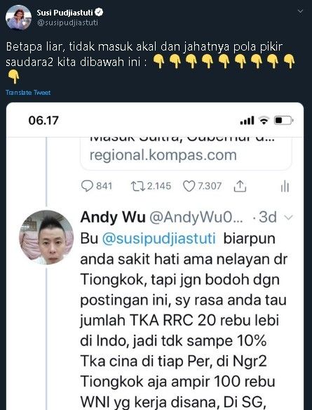 Susi Pudjiastuti tanggapi komentar warganet. (Twitter/@susipudjiastuti)