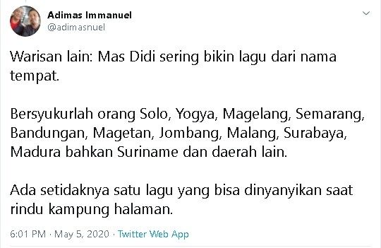 Cuitan Adimas Immanuel tentang Didi Kempot - (Twitter/@adimasnuel)