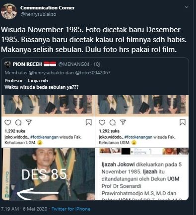 Salah satu netizen sangsi terhadap tanggal cetak foto Jokowi saat diwisuda yang berbeda dengan tanggal diwisudanya. [@henrysubiakto / Twitter]