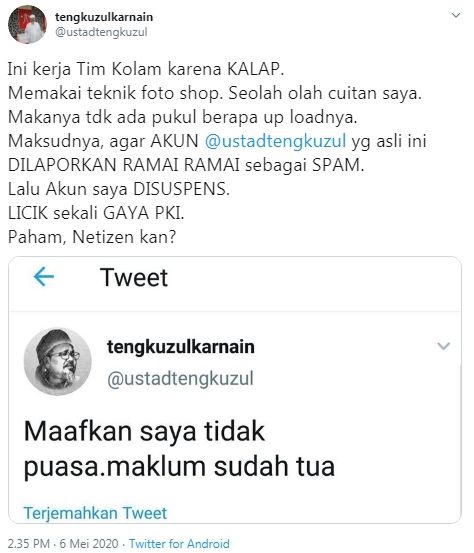 Tengku Zul geram ada orang yang manipulasi status Twitternya (Twitter/ustadtengkuzul)