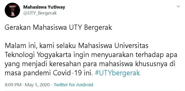 UTY Bergerak suarakan tuntutan ke kampus terkait pandemi corona - (Twitter/@UTY_Bergerak)