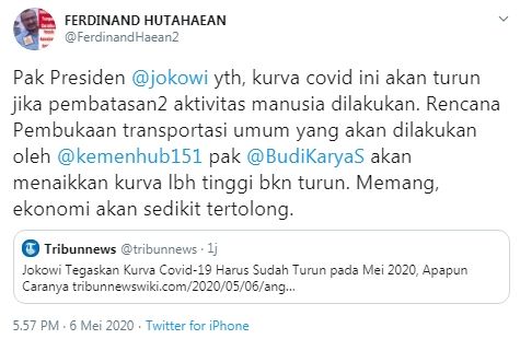 Ferdinand Hutahaean kritisi pembukaan kembali transportasi umum (Twitter/ferdinandhaean2)