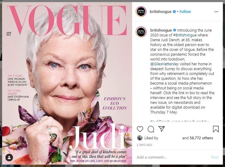 Judi Dench di Cover Majalah Vogue (instagram.com/britishvogue)