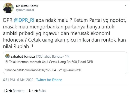 Cuitan Rizal Ramli soal usulan DPR untuk cetak uang (Twitter).