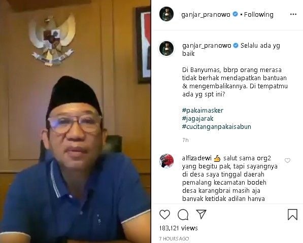 Ganjar Pranowo mengapresiasi belasan warga Banyumas yang kembalikan BLT. (Instagram/@ganjarpranowo)