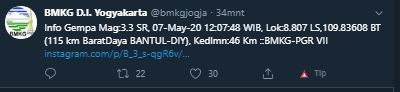 Bantul dilanda gempa dengan magnitudo 3,3 SR, Kamis (7/5/2020). [@bmkgjogja / Twitter]