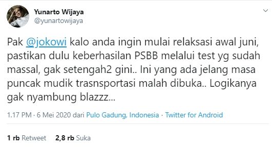 Cuitan Yunarto Wijaya soal kebijakan transportasi Menhub (Twitter).