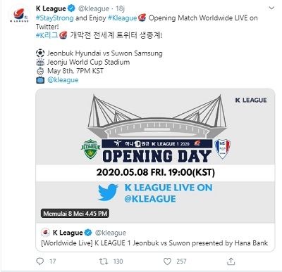 Kompetisi K-League dimulai pekan ini. (Screeshot Twitter @kleague)
