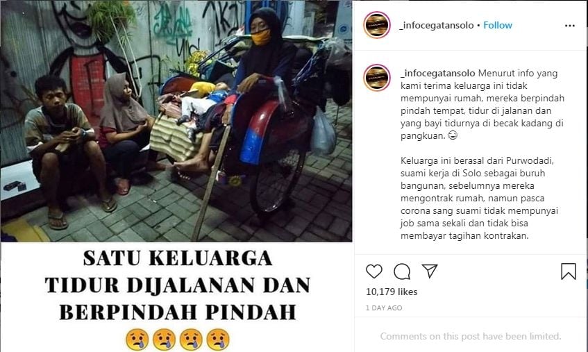 Kena PHK, sekeluarga di Solo tinggal di becak (Instagram/_infocegatansolo)