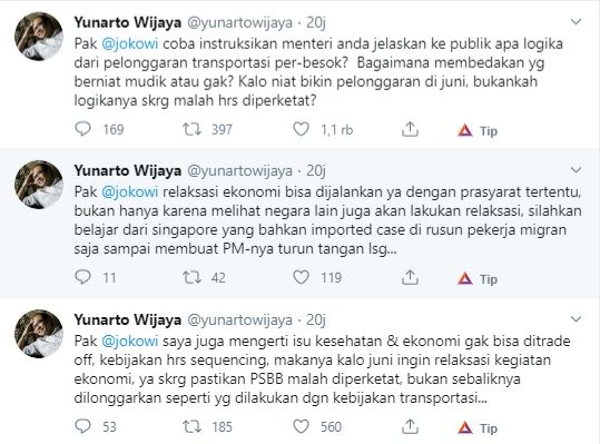 Cuitan Yunarto Wijaya soal kebijakan transportasi Menhub (Twitter).