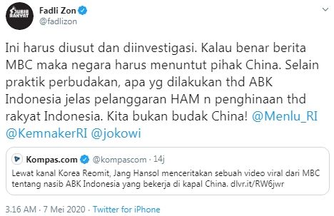 Fadli Zon desak pemerintah usut tuntas kasus pembuangan jasad WNI ABK (Twitter/fadlizon)