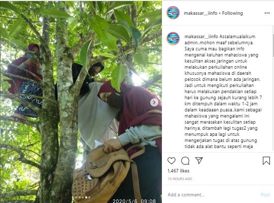 Mahasiswa naik gunung demi bisa kuliah online (Instagram).