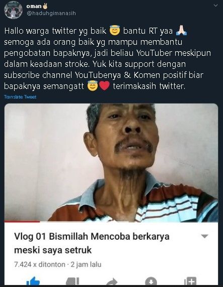 Kakek penderita stroke jadi YouTuber supaya tetap bisa berkarya. (Twitter/@haduhgimanasih)