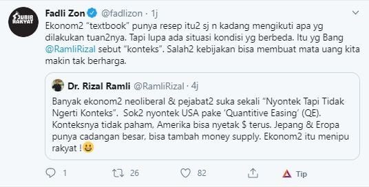 Cuitan Fadli Zon soal ekonom Indonesia (Twitter).