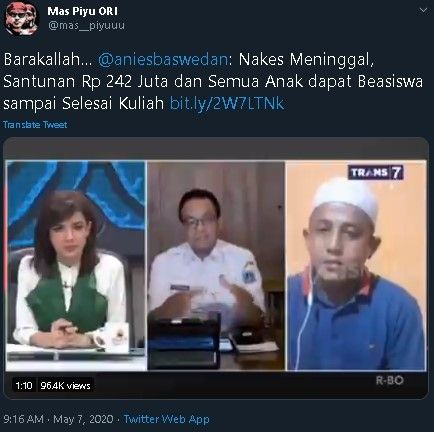 Anies Baswedan akan menjamin biaya kuliah anak nakes yang meninggal. (Twitter)