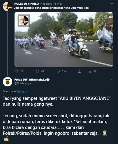 Polda DIY respon cuitan soal geng di Jogja. [@jogmfs / Twitter]