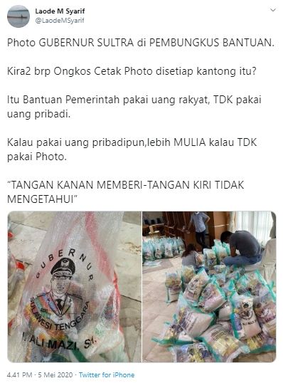 Foto Gubernur Sultra dalam bungkus bantuan sembako (Twitter).