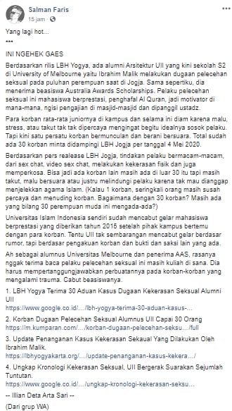 Status warganet terkait kasus dugaan pelecehan seksual oleh IM (Facebook).