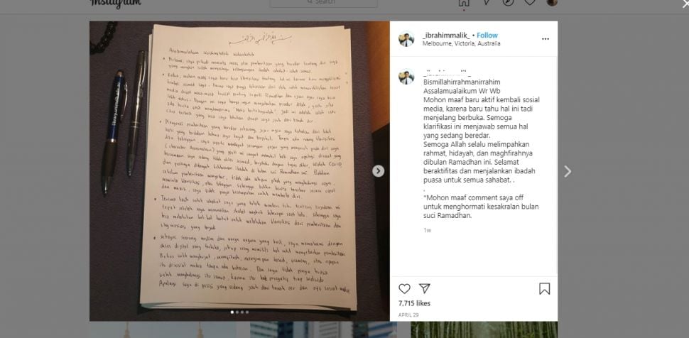 Surat klarifikasi pelaku dugaan pelecehan seksual UII. (Instagram)