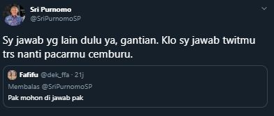 Kicauan kocak Bupati Sleman, Sri Purnomo saat balas pertanyaan netizen. [@SriPurnomoSP / Twitter]