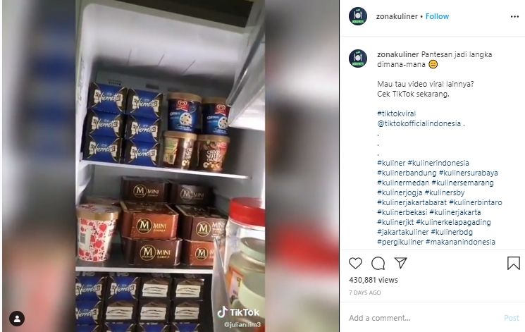Bikin Iri, Wanita Ini Simpan Banyak Es Krim Viennetta di Dalam Kulkasnya. (Instagram/@zonakuliner)