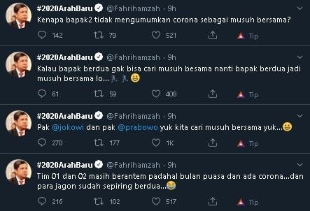 Cuitan Fahri Hamzah usul Jokowi dan Prabowo cari musuh bersama. (Twitter/@fahrihamzah)