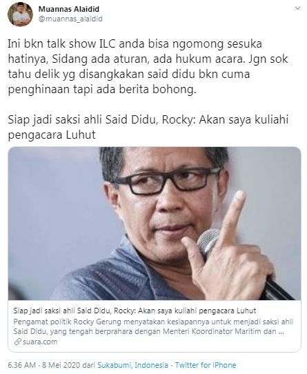 Muannas Alaidid sindir Rocky Gerung yang mau kuliahi lawyer Luhut (Twitter/muannas_alaidid)