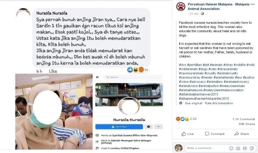 Perempuan klaim membunuh anjing halal jika membahayakan. (Facebook)