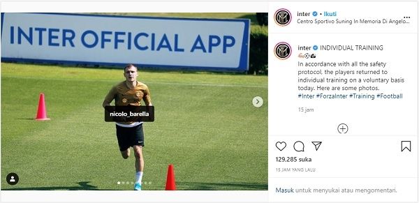 Pemain Inter Milan Nicolo Barella melakukan latihan individual di Centro Sportivo Sunning. (Screenshot Instagram @Inter) 