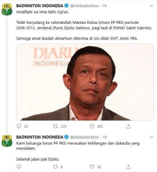 Ucapan duka atas meninggalnya Djoko Santoso di akun media sosial resmi PBSI. [Twitter @INABadminton/capture]