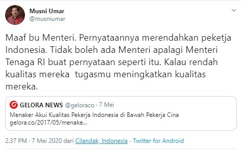 Cuitan Musni Umar soal Menaker (Twitter).