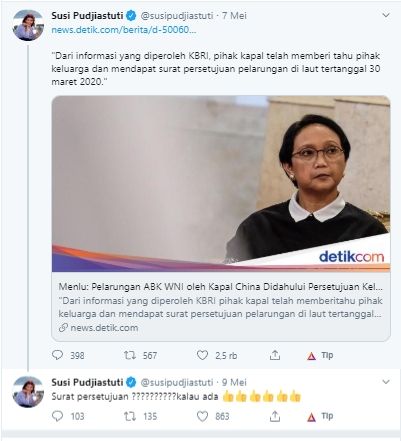 Cuitan Susi Pudjiastuti soal ABK yang dibuang ke laut (Twitter).