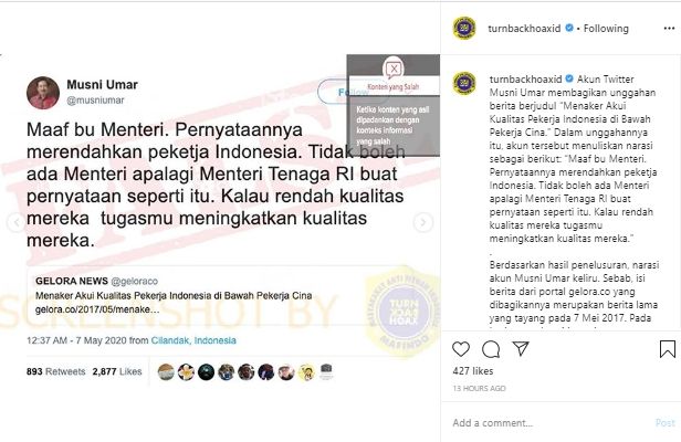 Cuitan Musni Umar soal Menaker salah (Instagram).