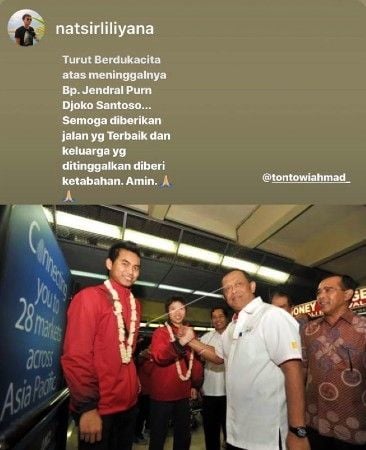 Insta story Liliyana Natsir terkait meninggalnya mantan Ketua Umum PBSI dan Panglima TNI Jenderal (Purn) Djoko Santoso. [Instagram@natsirliliyana]