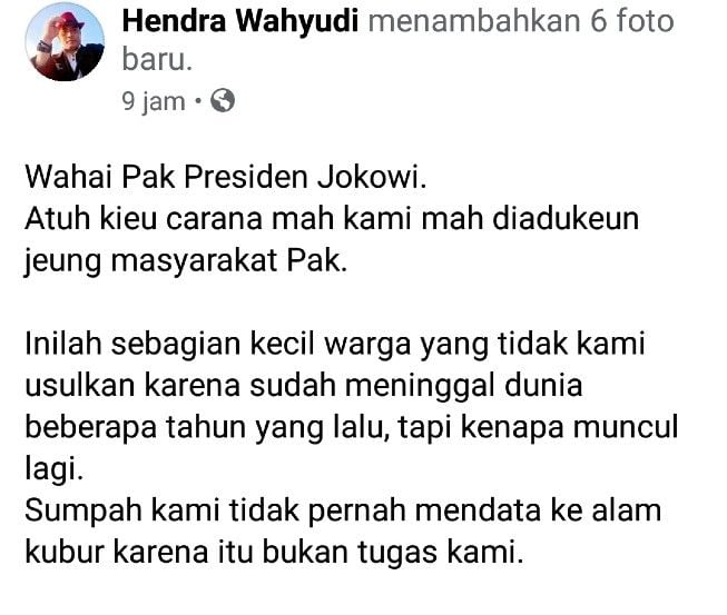 Postingan Kepala Desa Manggung Jaya, Kecamatan Bojong, Pandeglang, Hendra Wahyudi, soal kisruh data bansos Corona. [Facebook/Hendra Wahyudi]