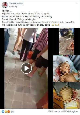 Bayi tewas dibacok pria yang mengamuk (Facebook).