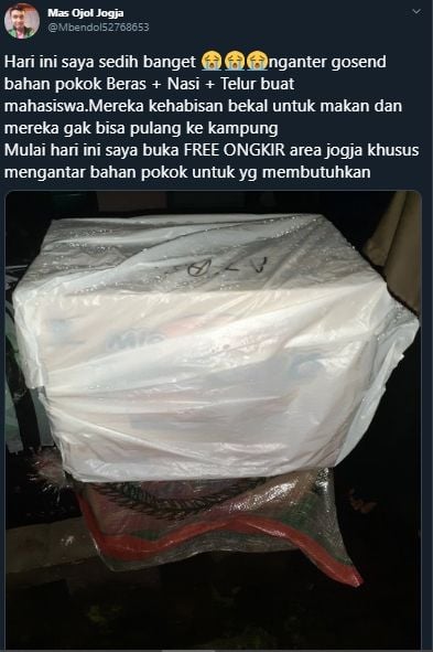 Driver ojol bebaskan ongkir untuk mahasiswa Jogja. [@Mbendol52768653 / Twitter]