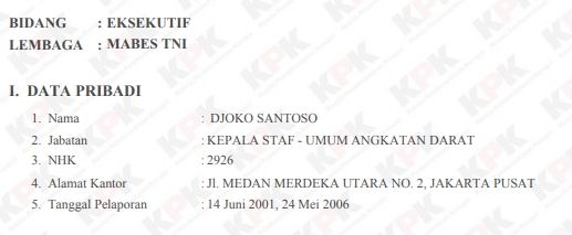 LHKPN Djoko Santoso. (kpk.go.id)