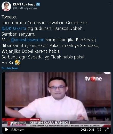 Cuitan Roy Suryo soal pernyataan Anies Baswedan tentang bansos dobel. (Twitter/@KRMTRoySuryo2)