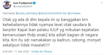 Susi Pudjiastuti disebut kadrunwadon oleh warganet (Twitter).