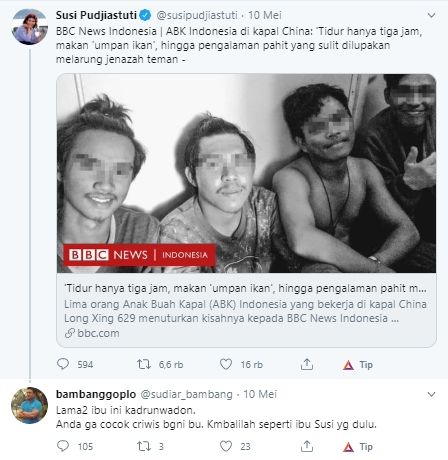 Susi Pudjiastuti disebut kadrunwadon oleh warganet (Twitter).