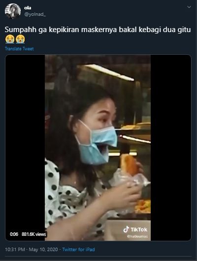 Makan Pakai Masker, Ending Video Wanita di Kafe Ini Malah Bikin Merinding. (Twitter/@yonad_)
