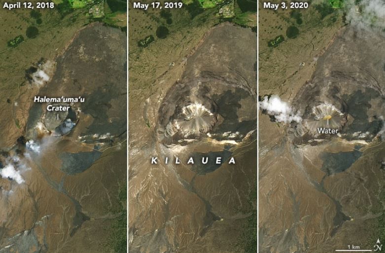 Kawah pada kilauea justru berubah menjadi danau air. (NASA Earth Observatory)