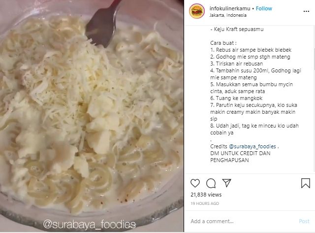  Indomie susu keju. (Instagram/@infokulinerkamu)