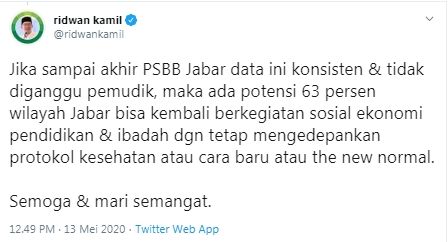 Ridwan Kamil umumkan 63 persen wilayah Jabar akan kembali normal, asalkan... (Twitter/ridwankamil)