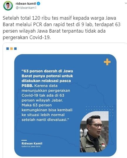 Ridwan Kamil umumkan 63 persen wilayah Jabar akan kembali normal, asalkan... (Twitter/ridwankamil)