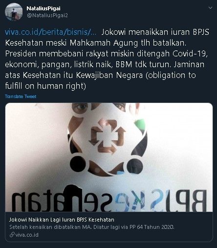 Natalius Pigai soroti kebijakan Jokowi yang menaikkan iuran BPJS. (Twitter/@NataliusPigai2)