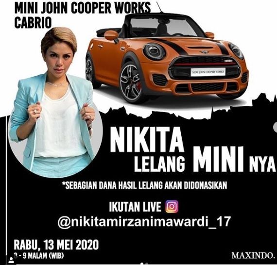 Postingan Nikita Mirzani lelang mobil Mini Cooper. [Instagram]